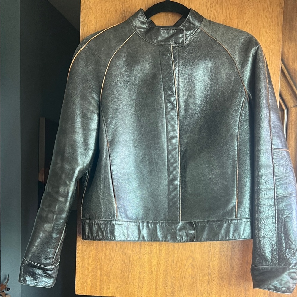 Anne Klein Brown Leather Jacket with Orange Stitching